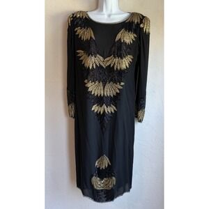 Vintage Mark Cheung 100% Silk Glass Beaded Dress L Luxury Glam Art Deco Designer